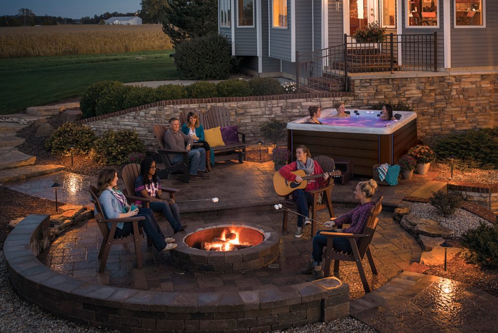 Fire And Water Pit Hot Tub Backyard Ideas Master Spas Blog - Patio With Fireplace And Hot Tub