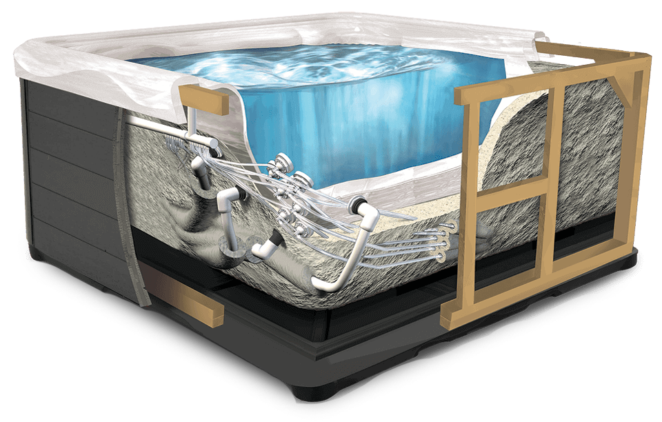 An illustration of a hot tub that shows different parts cut away in layers.