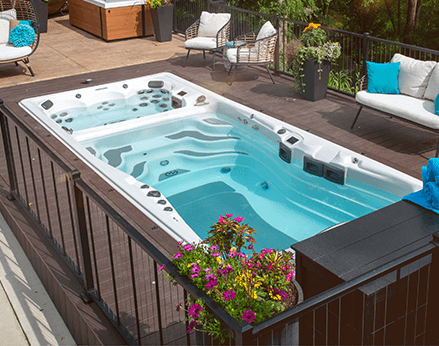 Swim spa set into a deck.