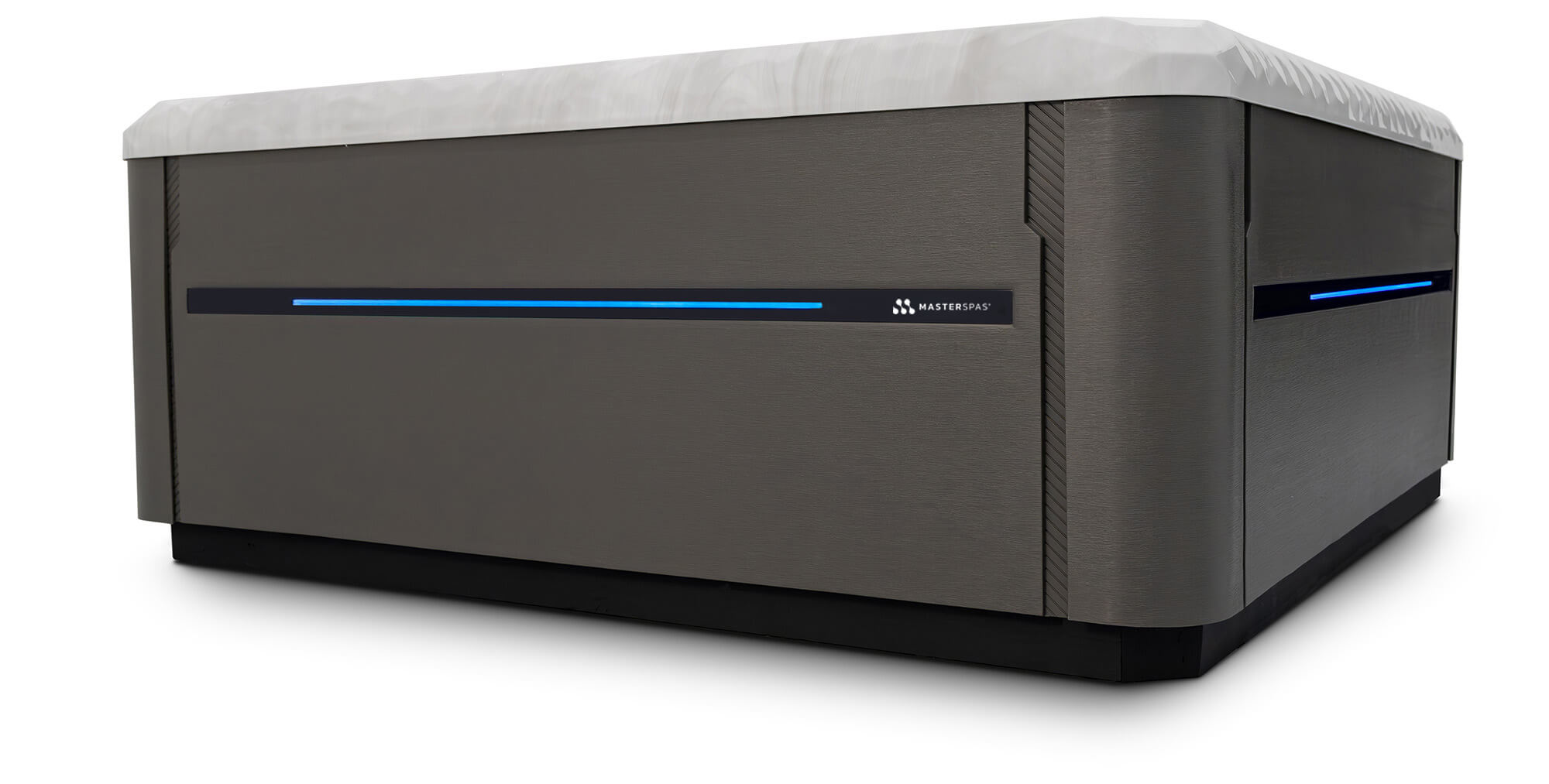 Side view of a MasterSpas hot tub showing skirting and built in LED light.